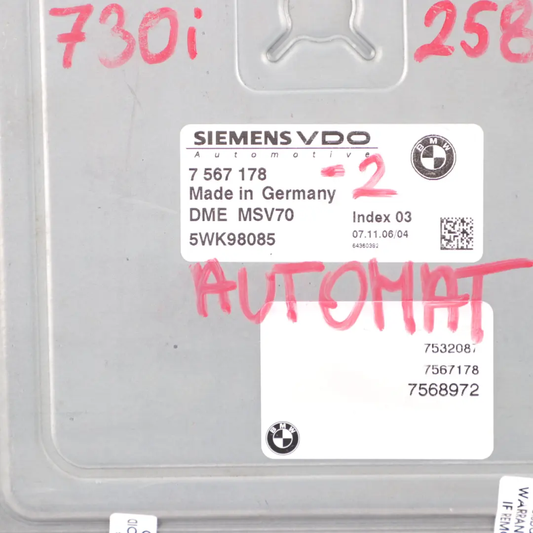 BMW E60 525i E90 E91 325i N52 Steuergerät DME CAS3 + Schlüssel Automa - SKU rhd-7567178-2 - Teilenummer 7567178