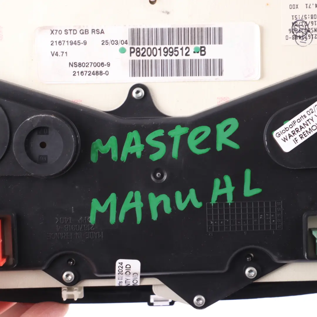 Renault Master Diesel Instrument Cluster Speedo Clocks Meter Manual - SKU rhd-8200199512B - Part number 8200199512B