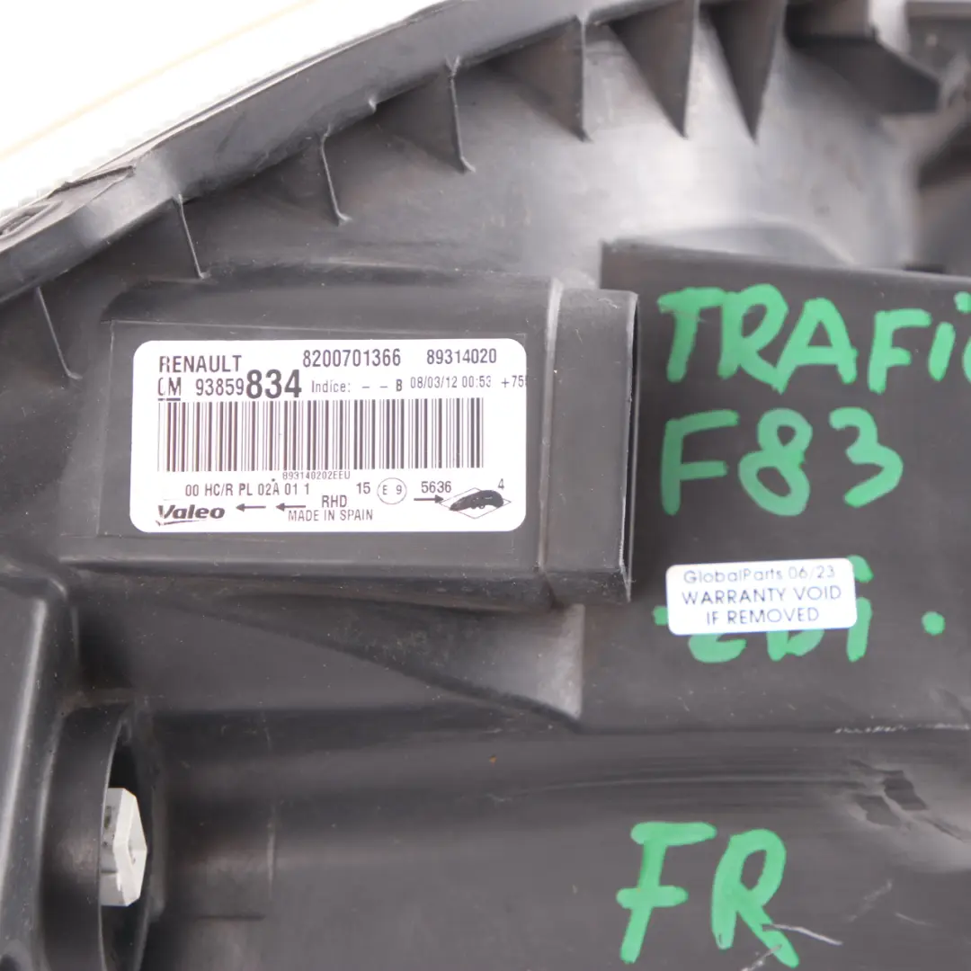 Headlight Renault Trafic Vauxhall Vivaro Headlamp Front Right O/S to with Part number 8200701366 Headlight Renault Trafic Vauxhall Vivaro Headlamp Front Right O/S - SKU rhd-8200701366 - Part number 8200701366