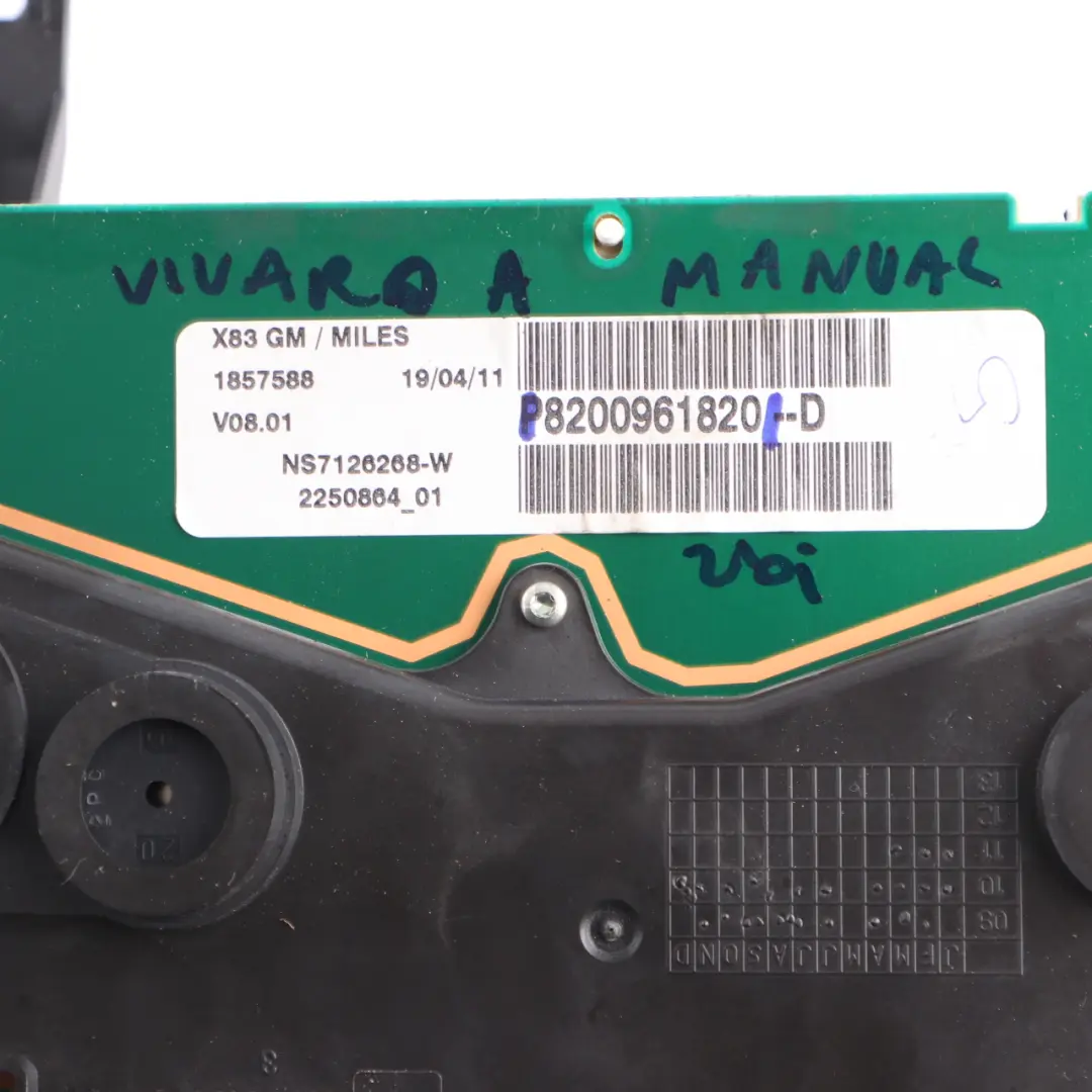 Instrument Cluster Speedo to Renault Trafic 2 Vauxhall Vivaro A Diesel with Part number 8200961820 Renault Trafic 2 Vauxhall Vivaro A Diesel Instrument Cluster Speedo - SKU rhd-8200961820 - Part number 8200961820