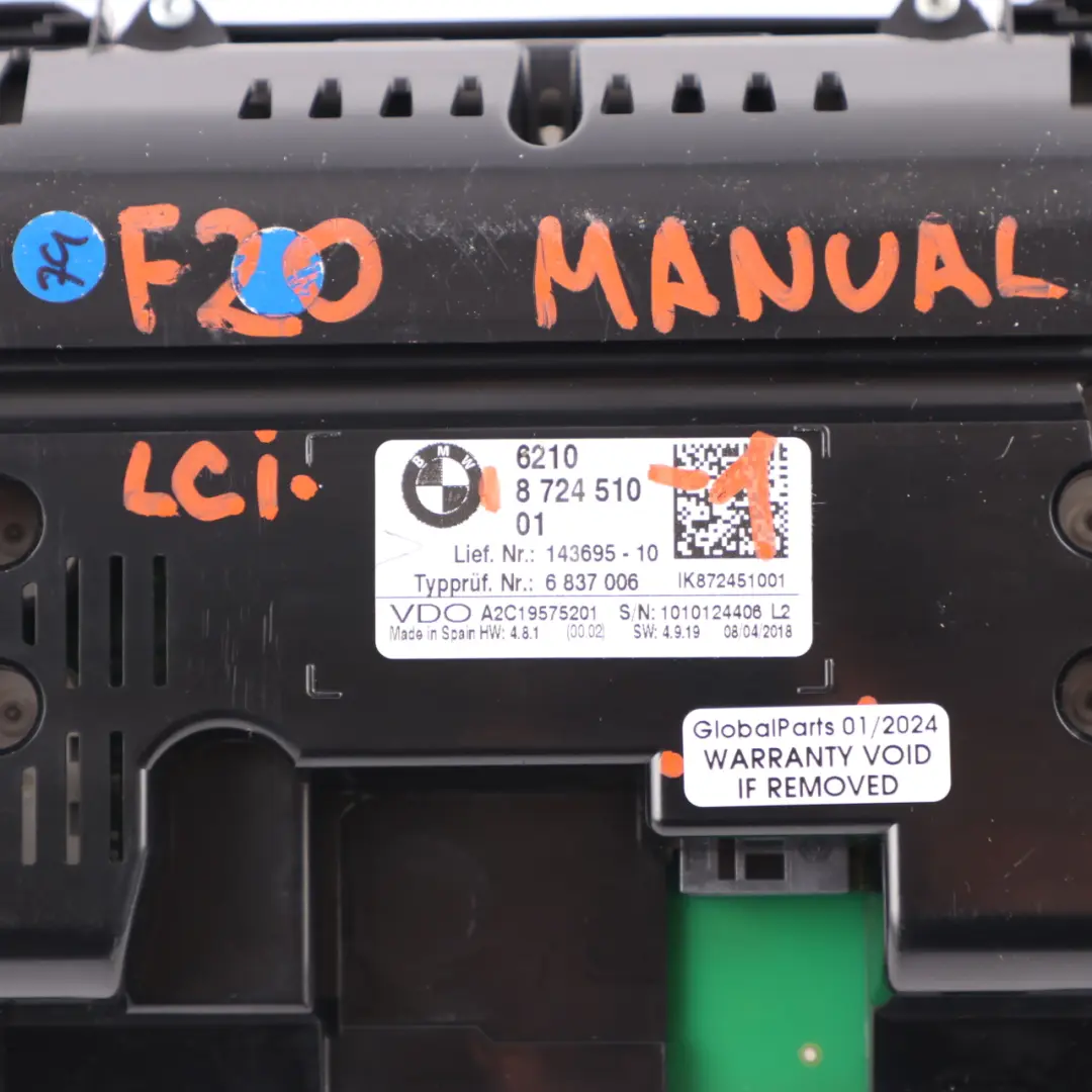 Instrument Cluster BMW F20 F21 F22 F23 LCI Petrol Speedo Clocks Manual to with Part number 8724510 Instrument Cluster BMW F20 F21 F22 F23 LCI Petrol Speedo Clocks Manual - SKU rhd-8724510-1 - Part number 8724510