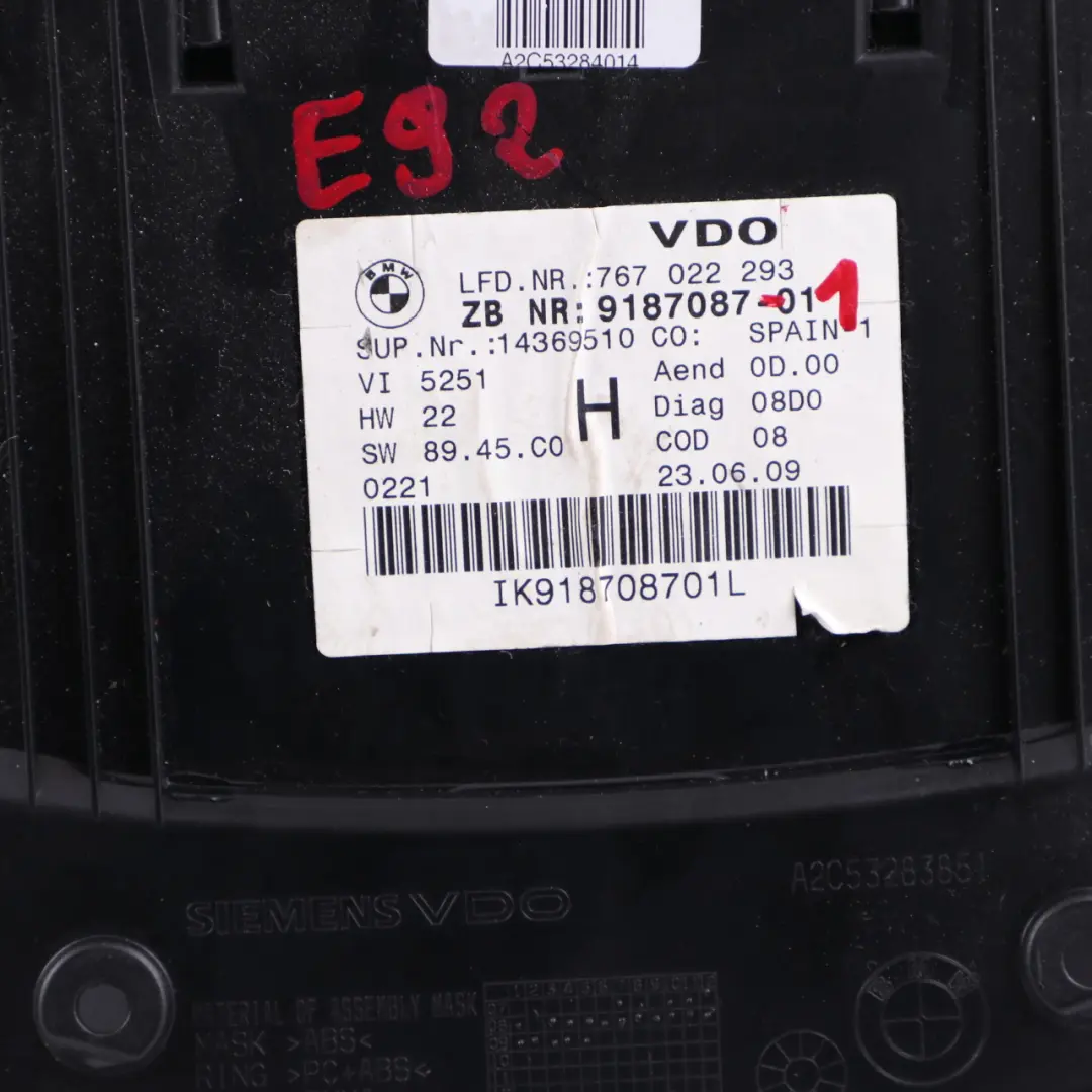 BMW E90 E91 E92 Diesel Instrument Speedometer Clocks Manual - SKU rhd-9187087-1 - Part number 9187087