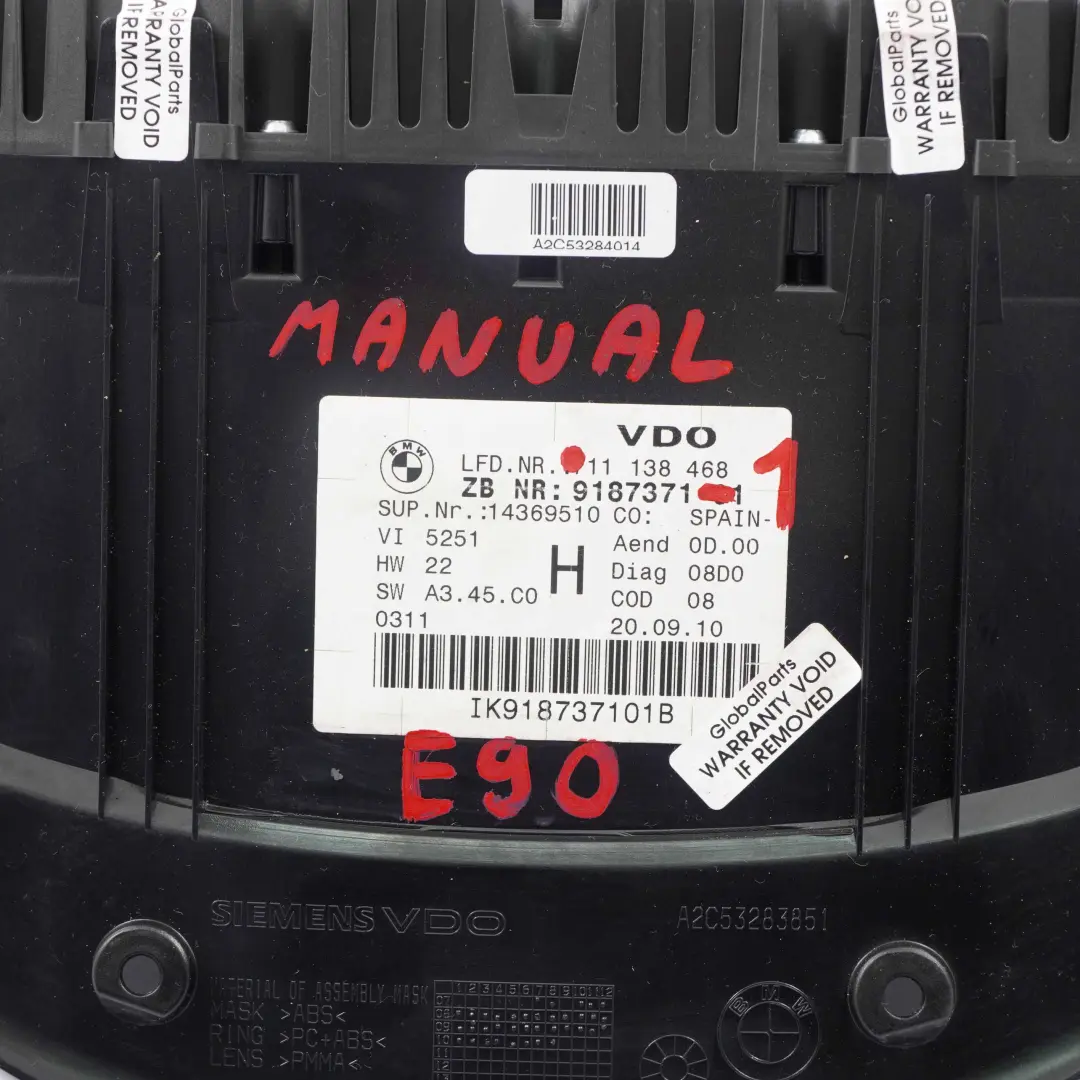 Instrument Cluster BMW E90 E91 E92 Diesel Speedometer Clocks Manual to with Part number 9187371 Instrument Cluster BMW E90 E91 E92 Diesel Speedometer Clocks Manual - SKU rhd-9187371-1 - Part number 9187371