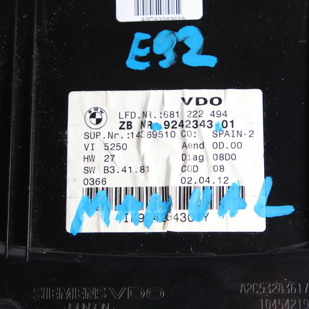 Instrument Cluster Speedo Clocks Petrol Manual 9242343 to BMW E90 E92 with Part number 9143820 BMW E90 E92 Instrument Cluster Speedo Clocks Petrol Manual 9242343 - SKU rhd-9242343 - Part number 9143820