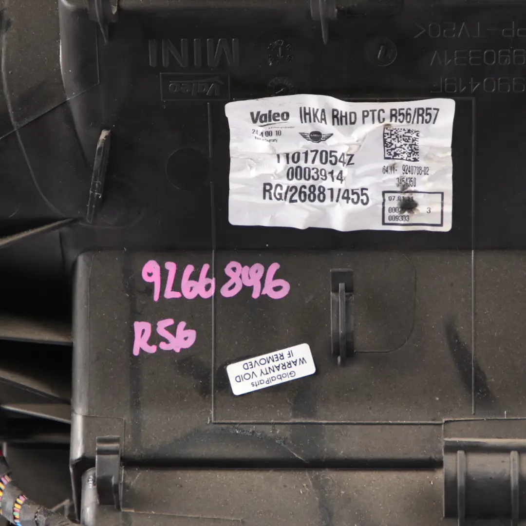 Heater Air Conditioning A/C Blower Matrix Box Valeo Diesel 9240708 to Mini R56 R57 with Part number 9266896 Mini R56 R57 Heater Air Conditioning A/C Blower Matrix Box Valeo Diesel 9240708 - SKU rhd-9266896 - Part number 9266896