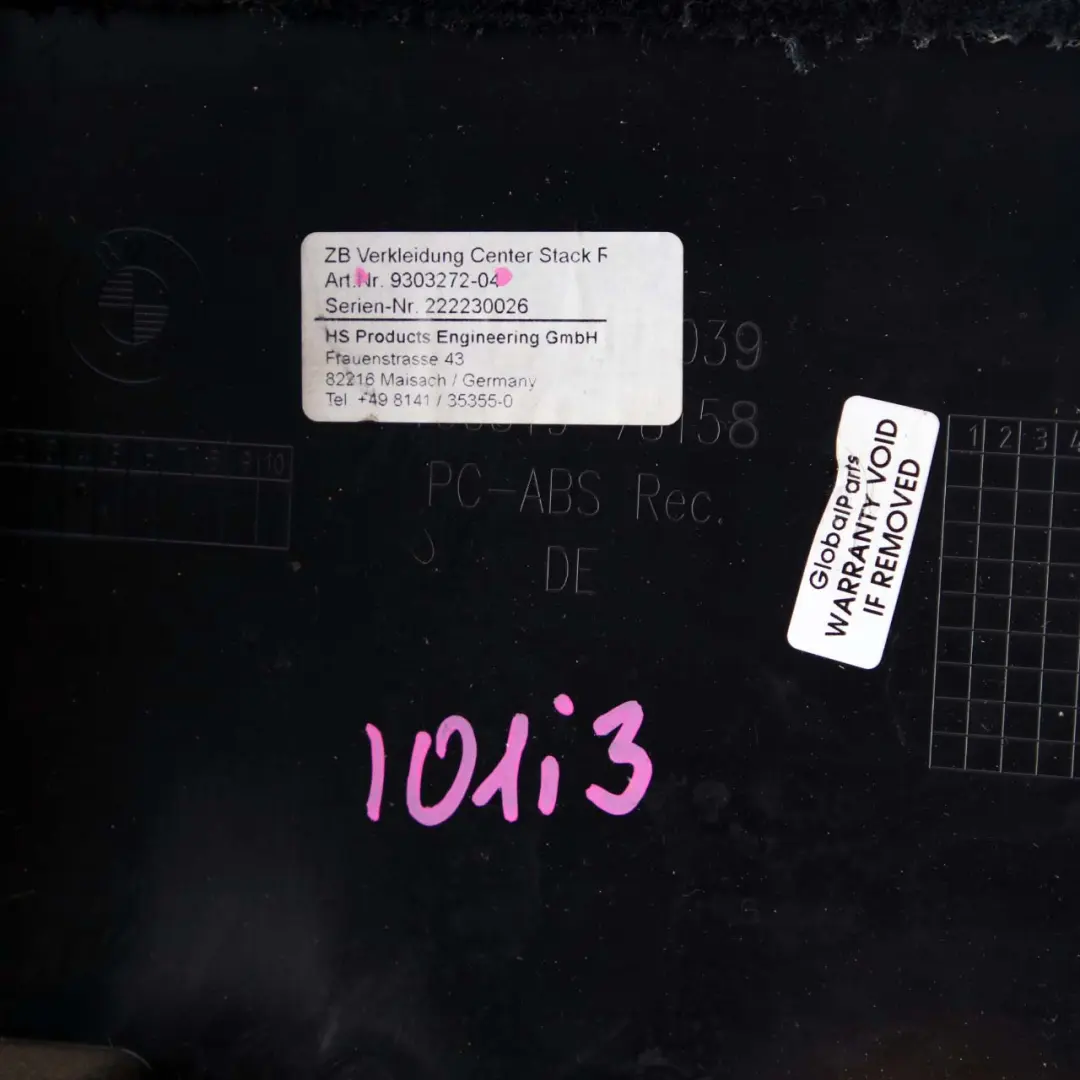 BMW i3 I01 60Ah Dashboard Trim Cover Panel Bottom Lower Centre Black - SKU rhd-9303272 - Part number 9303272