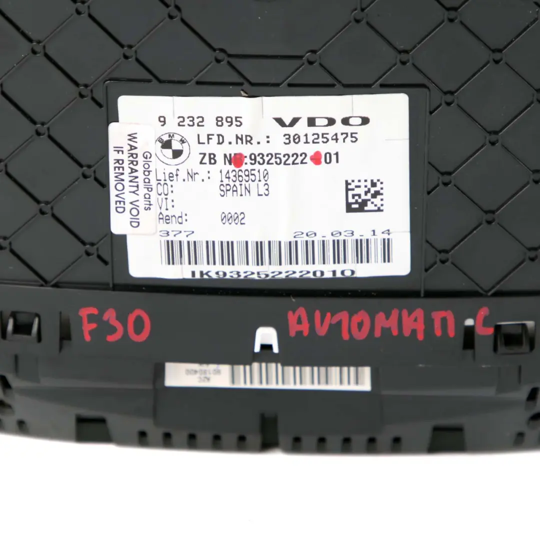 Instrument Cluster Unit Speedo Clocks MPH Automatic to BMW 3 4 F30 F31 F32 with Part number 9325222 BMW 3 4 F30 F31 F32 Instrument Cluster Unit Speedo Clocks MPH Automatic - SKU rhd-9325222 - Part number 9325222