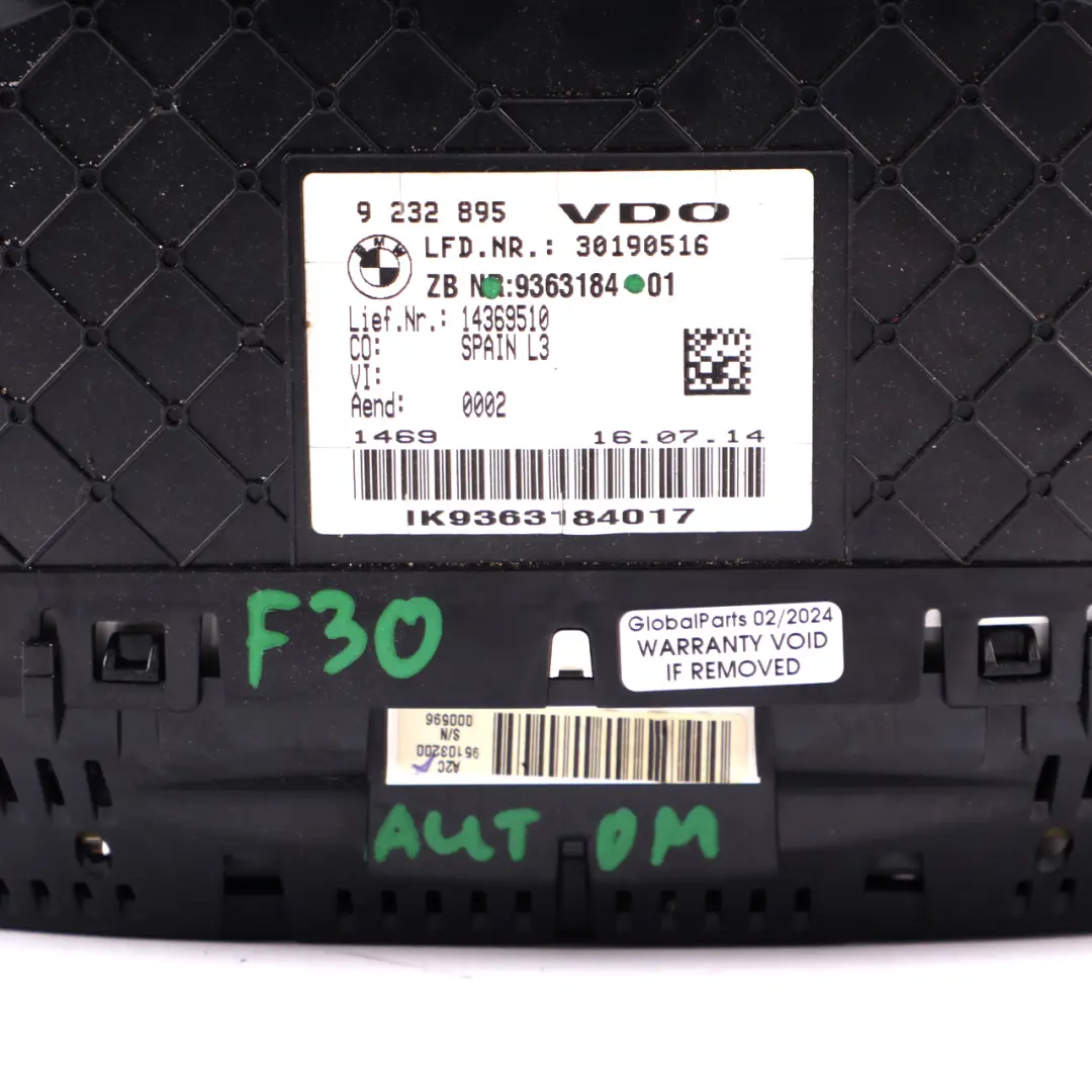 BMW F30 F31 F32 Diesel Instrument Cluster Speedo Clocks MPH Automatic 9363184 - SKU rhd-9363184 - Part number 9436308