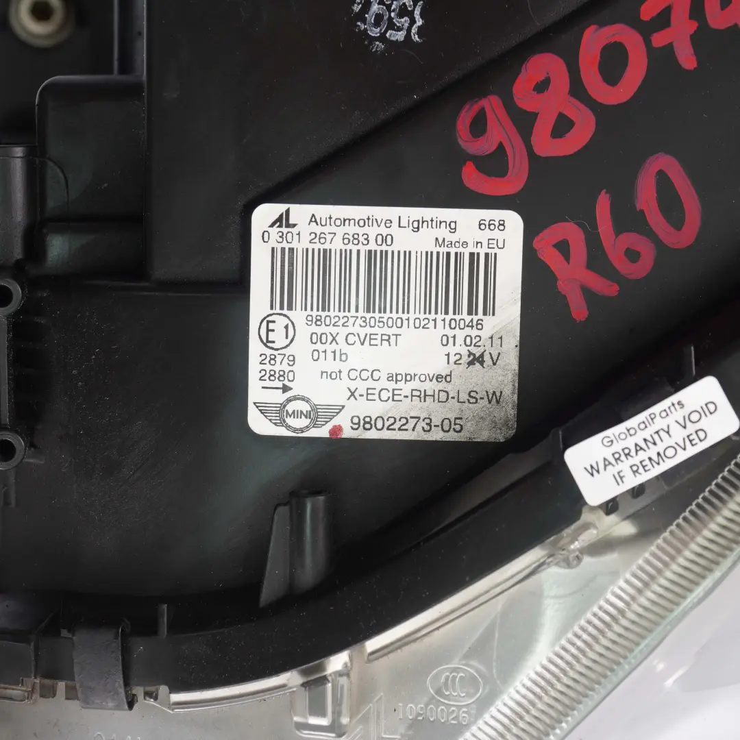 Bi-Xenon AHL Headlight Lamp Left N/S 9802273 to MINI R60 R61 Countryman Paceman with Part number 9807486 MINI R60 R61 Countryman Paceman Bi-Xenon AHL Headlight Lamp Left N/S 9802273 - SKU rhd-9807485 - Part number 9807486