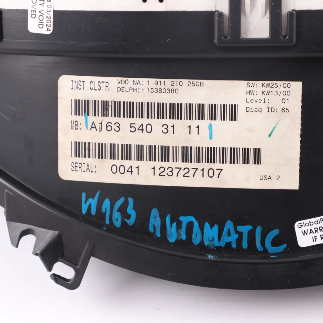 Instrument Cluster Speedo Clocks Automatic to Mercedes ML W163 Diesel with Part number A1635403111 Mercedes ML W163 Diesel Instrument Cluster Speedo Clocks Automatic - SKU rhd-A1635403111 - Part number A1635403111