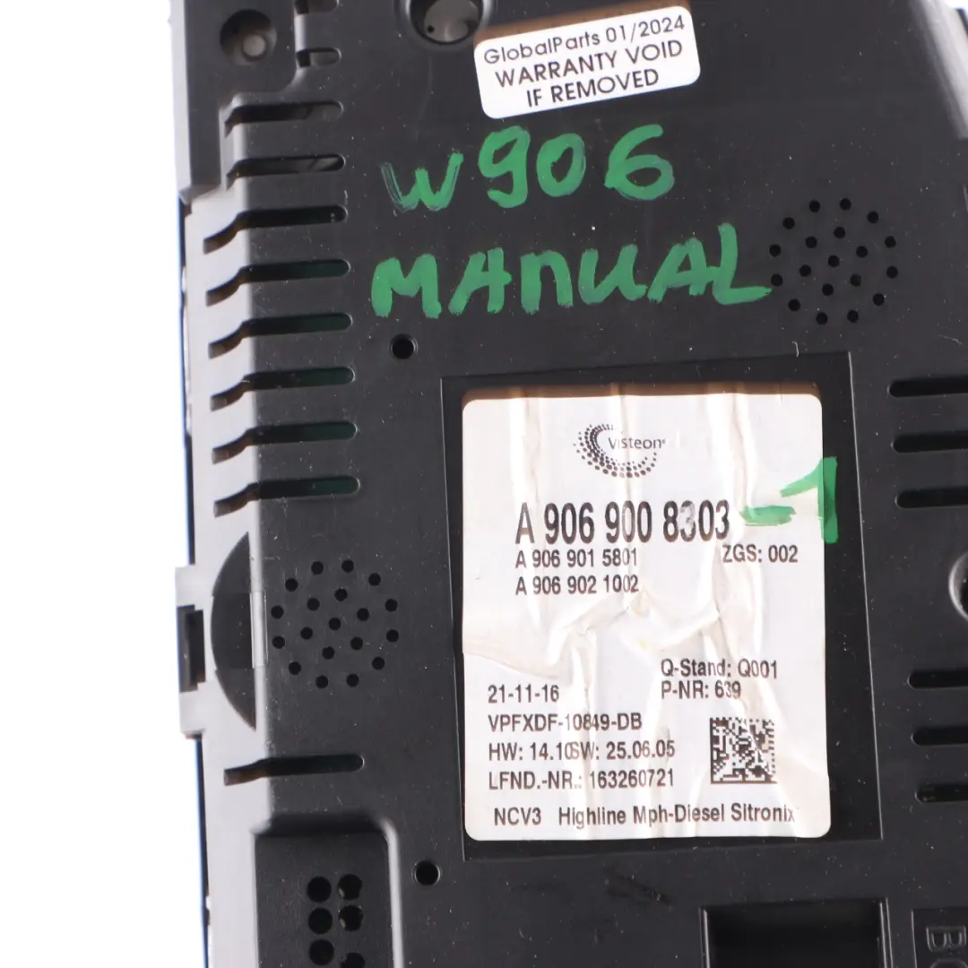 Instrument Cluster Speedo Clocks Meter Manual to Mercedes W906 Diesel with Part number A9069008303 Mercedes W906 Diesel Instrument Cluster Speedo Clocks Meter Manual - SKU rhd-A9069008303-1 - Part number A9069008303