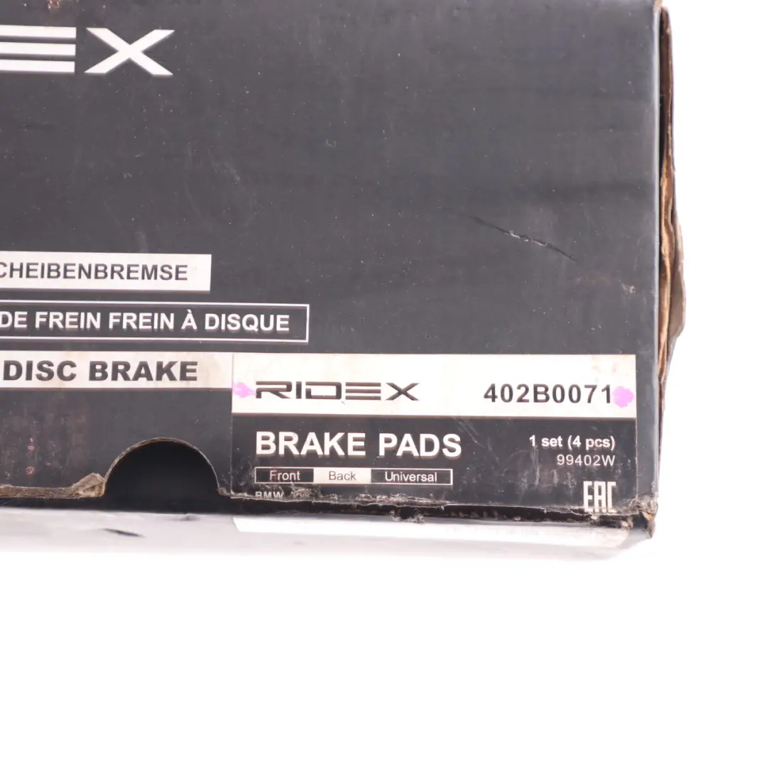 Ridex Wheel Rear Left Right Brake Pads Set Pad 402B0071 to BMW E90 E91 E92 with Part number Ridex Pad 402B0071 BMW E90 E91 E92 Ridex Wheel Rear Left Right Brake Pads Set Pad 402B0071 - SKU Ridex Pad 402B0071 - Part number Ridex Pad 402B0071