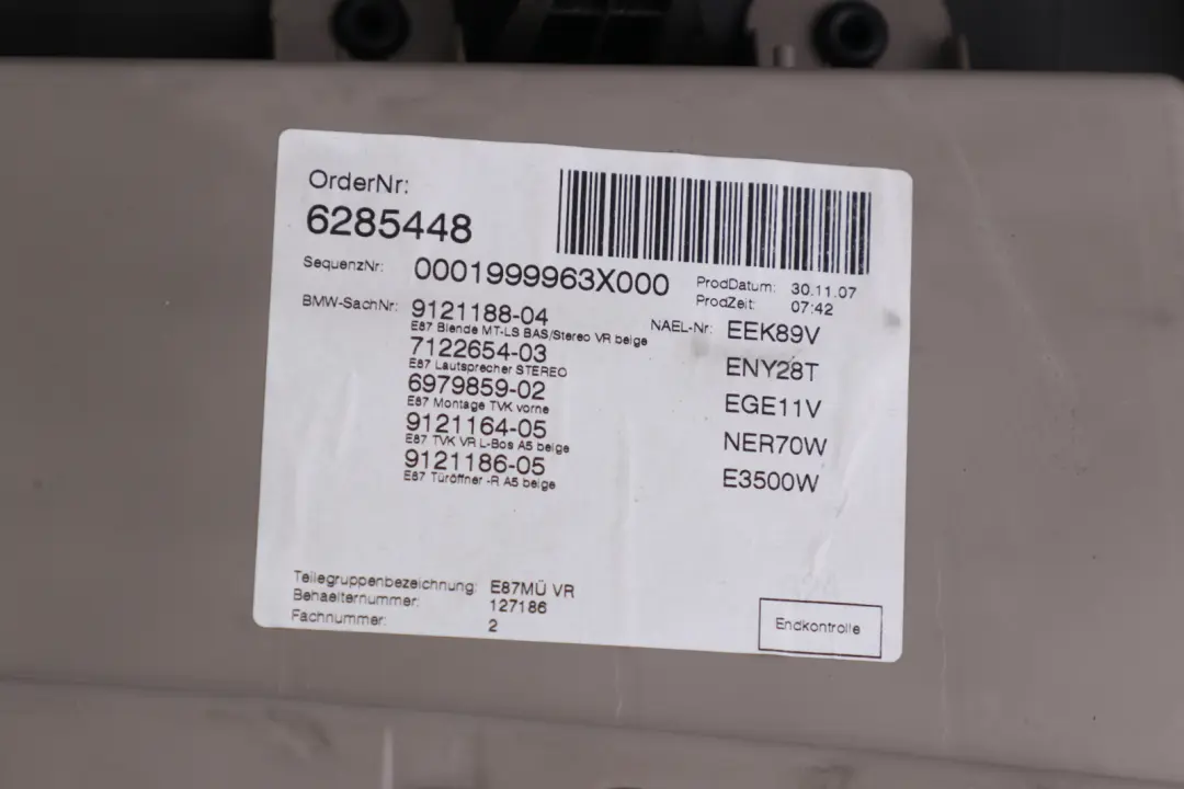 BMW 1 Series E87 LCI Front Right O/S Door Card Trim Panel Beige Leather - SKU 7224350 - Part number 7224350