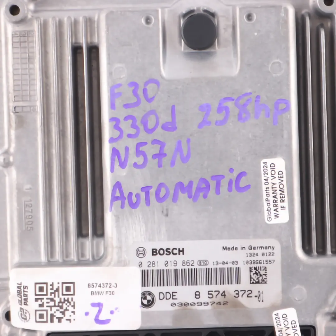 BMW F30 330D F32 430D N57N 258HP Kit ECU Moteur DDE Clé FEM - SKU 8574372-3 - Numéro de pièce 8574372
