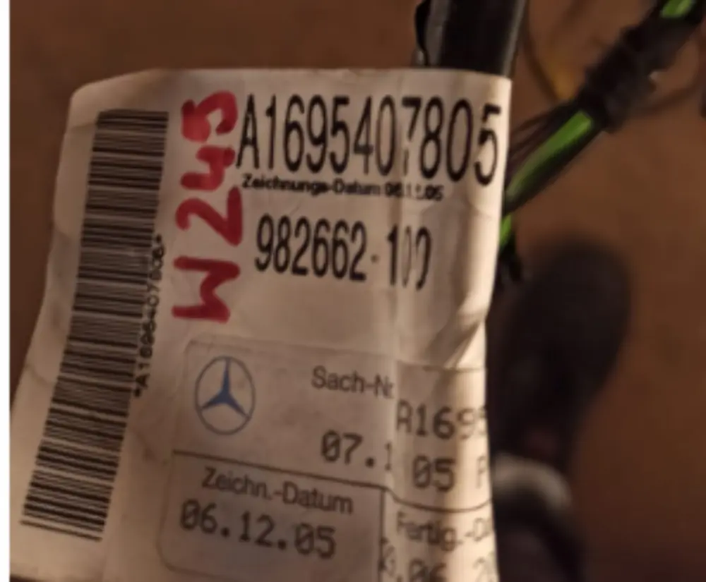 Mercedes-Benz A B W169 W245 Front Right O/S Door Wiring Cable Harness Loom to with Part number A1695407805 Mercedes-Benz A B W169 W245 Front Right O/S Door Wiring Cable Harness Loom - SKU rhd-A1695407805 - Part number A1695407805